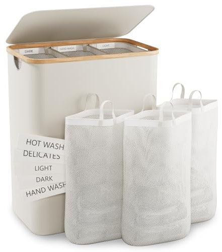 Wäschekorb Mit Deckel, 145L Extra Große Wäschekorb 3 Fächer Schmutzige Kleidung Korb für Wäsche Mit Abnehmbaren Wäschesäcken, Körbe für Schlafzimmer, Waschküche, Beige
