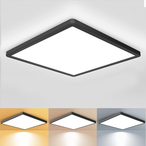 zemty LED Deckenleuchte Flach 24W 29.5cm, 3000K/4000K/6500K Deckenlampe Schwarz Eckig Panel 3 Farben Ultra Dünn Lampen Deckenlampen Badezimmer Modern Lampe Decke für Bad Schlafzimmer Küche Flu