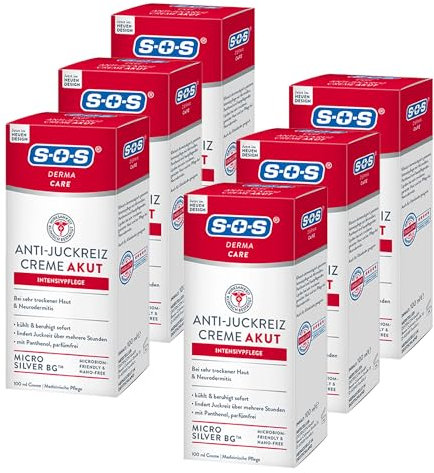 SOS Derma Care Anti-Juckreiz Creme Akut Intensivpflege (6x100 ml) – lindert Juckreiz bei trockener Haut & Neurodermitis – mit Panthenol & Micro Silber – für Erwachsene & Kinder geeignet
