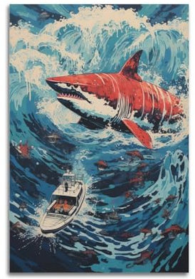 FYRCO Vintage-Tierposter Megalodon in einer riesigen Welle, dekoratives Gemälde, Leinwand-Poster, 40 x 60 cm