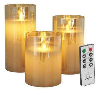 LC Home Candela Lights LED Kerzen Set Echtwachs inkl. Glas mit Fernbedienung Timer Funktion & mehrstufig dimmbar bewegliche Flamme Echtwachskerzen (Gold)