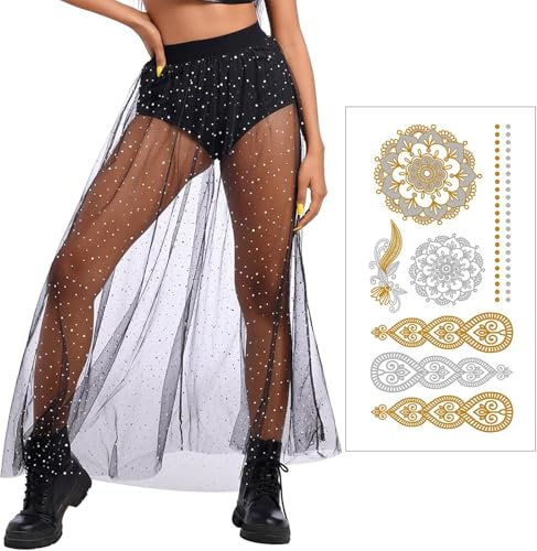 Glitzer Rock Damen Mesh Rock,Tüllrock Damen Glitzerrock Schwarz Langen Größe M, 2 in 1 Glitzer Transparent Schwarzer Tüllrock mit Pailletten für Streetwear Club Musikfestival mit 1 Tattoo Aufkleber