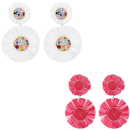 SUPERFINDINGS 2 pares 2 colores Boho Rafia Pendientes Colgantes Pendientes Colgantes En Forma de Flor de Rafia Pendientes Florales Tropicales Hecho A Mano Regalos para Vacaciones De Verano En La Playa