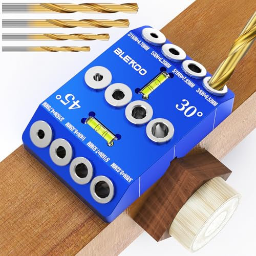 BLEKOO Blue Angled Drill Guide Jig with Level, Drill Guide with 4 Bits for Wood Posts & Cable Railing Lag Screw Kit, Durable All Metal Drill Jig for Drilling 30°, 45°, 90° Degree Angle Holes