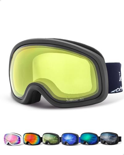 JetBlaze Skibrille Herren Damen Unisex OTG Skibrille für Brillenträger Schneebrille Anti Nebel UV Schutz Snowboardbrille Ski Goggles für Skifahren Kompatibler Helm Sphärisch Verspiegelt Gelb Linse