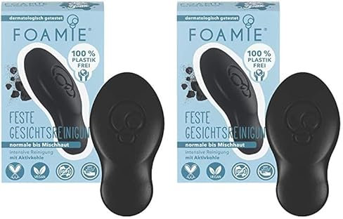 Foamie Feste Gesichtsreinigung Unreine Haut mit Klärender Aktivkohle & Teebaumöl, Gesichtspflege mit Peeling-Effekt, Gesichtspeeling 100% Vegan, Plastikfrei, 60g (Packung mit 2)