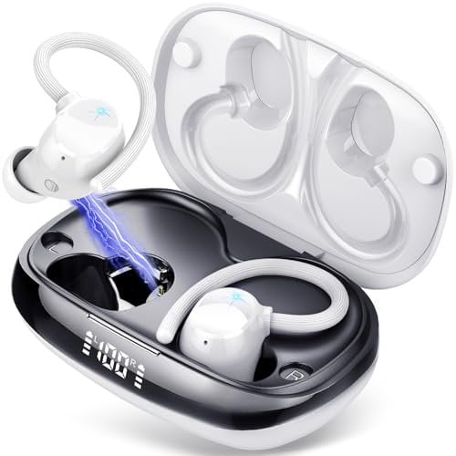 Wireless Earbuds, Bluetooth 5.3 Headphones Deep Bass, 80H Wireless Headphones with 4 HD ENC Noise Cancelling Mic, Wireless Earphones IPX7 Waterproof, Ear Buds with Earhooks for Sport, Bright White