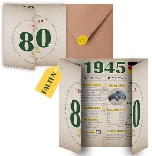 Sugeru Besondere Geburtstagskarte 80 mit Umschlag | 1945 Jahrgang Geschenk | 80 geburtstag frau mann | Sechzigsten Geburtstagsdeko lustig,Tolle Geschenkidee,Chronik,Karte,Jubiläum- DIN A4 (80 Jahre Ⅱ)