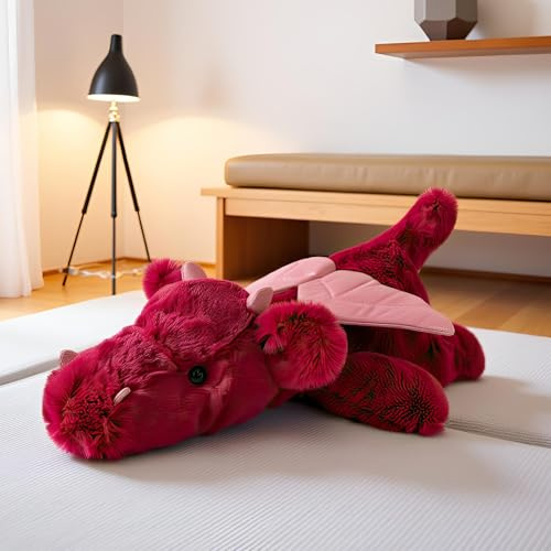 TRAVELKNOT Gewichtskuscheltiere Drachen Plüschtier, 50CM 1KG, Rot | Niedliches drache plüschtier, liegend, weich,geburtstagsgeschenk für kinder, jungen, mädchen, als fotoretikel, heimdekoration