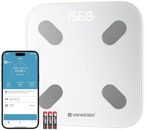 UNIWEIGH Smarte Waage für Körpergewicht,Badezimmerwaage mit digitaler Großanzeige,Bluetooth Körperfettwaage Kompositionsmonitore mit App,Analysator für BMI, Körperfett, Muskelmasse, Protein, Max 400lb