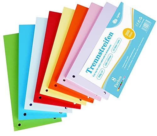 NOTEZMATE 200 Trennstreifen bunt in 8 Farben, 25 Stück pro Farbe, 23,7 x 10,3 cm,160g/m² Karton, mit praktischer 2 Gelocht, Bedruckbar Papier Karten für Sortieren Ordner, für Büro Schule Zuhause