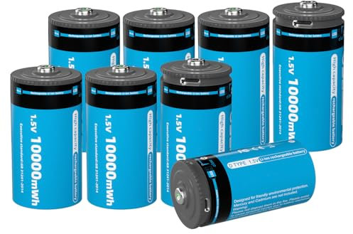 Rechargeable Lithium D Batteries 8-Pack 10000mWh High-Performance D Cell Battery 1.5V for Flashlights, Radios, Clocks, Stereos, etc.