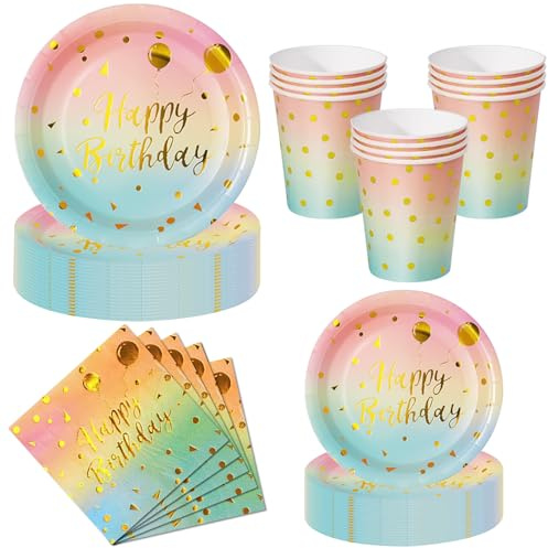 Nkaiso 50 Pcs Rainbow Gold Birthday Plates and Napkins Set for 10 Guests | Party Tableware Set with Disposable Paper Plates Cups Napkins - Birthday Dinnerware for Celebrations