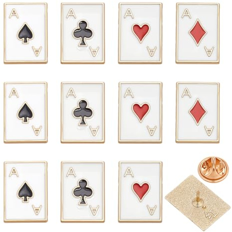 PH PandaHall 4 Stile Spielkarten Emaille Stecknadeln 12 Stück Poker Ass Brosche Spielkarten Kragenstecknadeln Pik Rot Herz Kreuz Karo Kragenbrosche für Rucksack Kleidung Spieltag Party Weihnachten