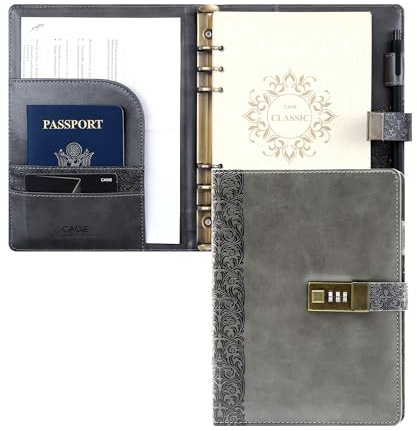 CAGIE Tagebuch für Erwachsene mit Schloss Notizbuch Binder | Nachfüllbar Innenseiten A5 Ringbuch, Leder Geprägtes Loses Blatt Diary, Grau