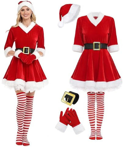 Weihnachtsmann Kostüm Damen Rot Weihnachtskostüm Frauen Komplettset mit Weihnachtsmütze Handschuhe StrümpfeSexy Samt Weihnachtskleid Cosplay Weihnachten Karneval Fasching Weihnachtsfrau Kostüm