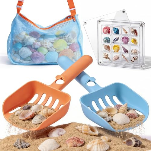 2 Pack Beach Sand Sifter with Seashell Bags & Display Case for Boys & Girls