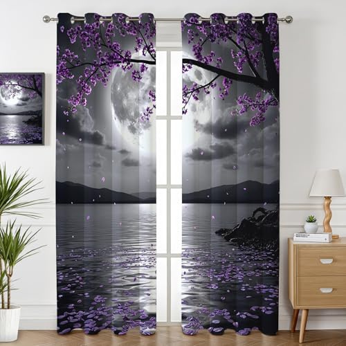 Havenix Mondlicht Kirschblüten Vorhänge Blickdicht Wohnzimmer Nacht See Motiv Vorhang mit ösen Gardinen 166 cm Hoch 2er Set Verdunklungsvorhänge für Schlafzimmer Fenster
