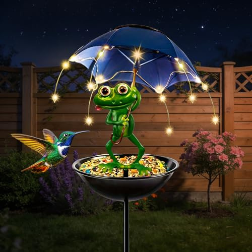IWTBNOA Outdoor Solar Frosch Garten Futterhaus, Solar Frosch Statue Deko für Draußen mit Wasserdicht Lichterketten, Lustig Frösche EIN Schirm Figurch, Rasen/Teich/Haus/Für Terrasse Ornamente Geschenk