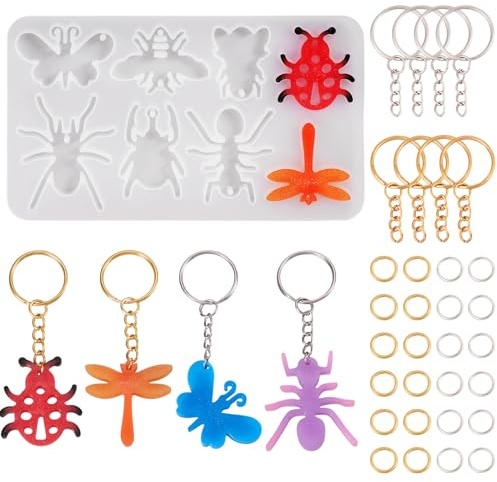 Craftora 1 pièce moule en silicone d'insectes papillon libellule araignée coccinelle moulage résine porte-clés moule avec anneaux fendus anneaux de jonction pour fabrication bijoux résine époxy UV