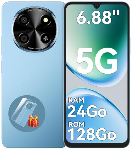Smartphone 5G 6,88'' 120Hz, 24Go RAM 128Go/2To TF, Téléphone Portable Android 15, Double SIM NFC, Unisoc T8100 Octa-Core, Batterie 5000mAh 18W, Telephone Portable Pas Cher, OTG/Face ID/Fingerprint