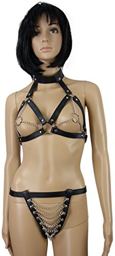 Sexy Riemen und Ketten BH, Bikini mit Halsband-Halterung und Tanga mit Ketten-Applikationen, Kunstleder Tabledance GoGo-Outfit - SEE-X Fetisch Club-Wear Mod-Nr 9068