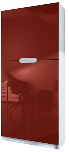 Vladon Büroschrank Logan V1, Made in Germany, Aktenschrank mit 5 Fächern und 4 Türen, Weiß matt/Bordeaux Hochglanz (82 x 185 x 37 cm)