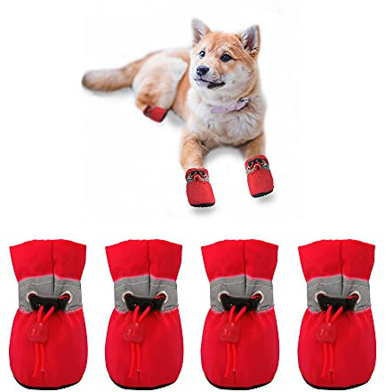 YAODHAOD Hundestiefel Paw Protector, rutschfeste Hundeschuhe ， Diese bequemen Hundeschuhe mit weichen Sohlen sind mit reflektierenden Trägern für kleine Hunde ausgestattet (6: L 5.5 cm*W 4.5 cm, Rot)