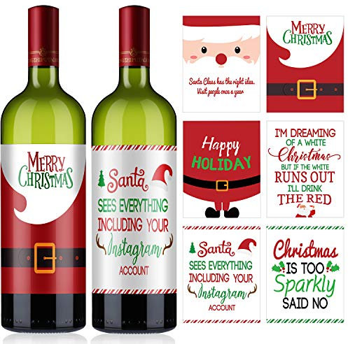 12 Pieces Christmas Wine Label Bottle Stickers Xmas Wine Bottle Cover Gift Set for Christmas Party Holiday Decor Supplies, 6 Styles (Santa Claus Style)