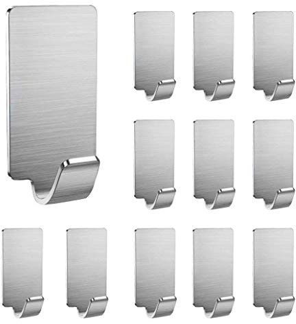Koksi No Drill Hooks Stainless Steel Self-Adhesive Hanger, Use in Kitchens, Bathrooms, Hallways for Coats, Towels, Hats, Robes (12 Metal Hooks)