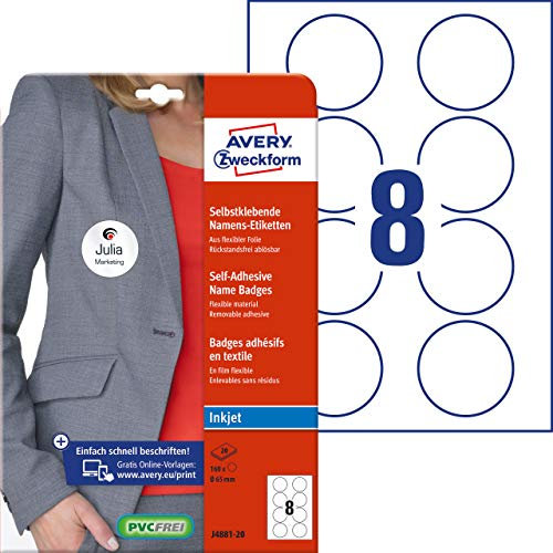 Avery Zweckform J4881-20 Namensetiketten (160 Namensaufkleber rund, Ø65mm auf A4, selbstklebend, bedruckbare runde Textiletiketten für Inkjetdrucker, rückstandsfrei ablösbar) 20 Blatt, weiß