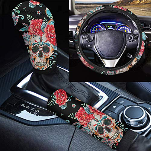 Woisttop Auto-Lenkradbezug mit Totenkopf-Motiv, dehnbarer Stoff, rutschfest und schweißabsorbierend, 35,6-38,1 cm (14-15 Zoll) + Schalthebelbezug + Handbremsenbezug