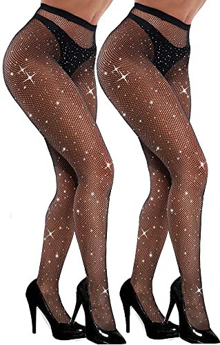 VEBZIN Sexy glitzernde Netzstrümpfe mit Schmucksteinen, hohe Taille, Netzstrumpfhose für Damen, Strass, Party-Strumpfhose, 2 Stück, schwarz, ohne Löcher, Einheitsgre