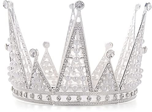 JORCEDI Queen Tiara Crown Headgear Birthday Cake Topper Decoration Crystal Pearl Rhinestone Children Hair Ornaments for Wedding Birthday Baby Shower Party Cake Decoration, Metal,Pearl