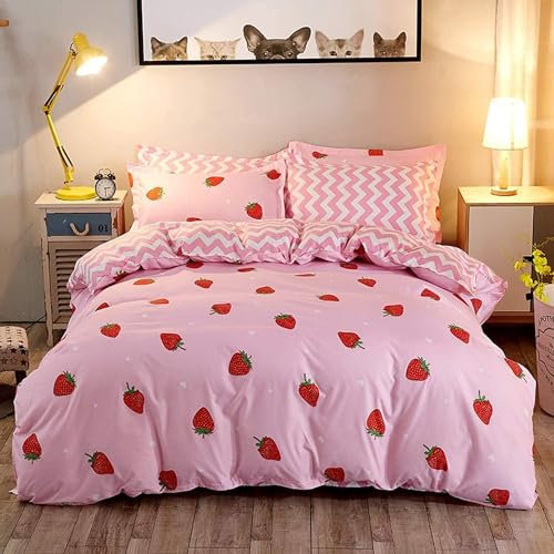 Kawaii-Bettwäsche-Set mit rosafarbenem Erdbeer-Dekor, für Damen, Mädchen, Kinder, Kawaii-Raumdekoration, niedliche Erdbeer-Bettwäsche-Set, weich, wendbar, niedlich, Kawaii-Erdbeere, Einzelgröße