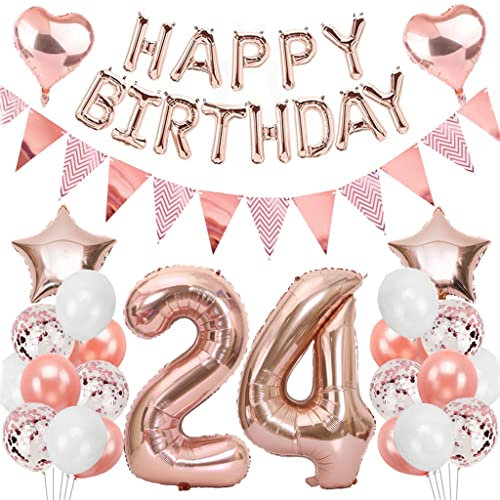 Ouceanwin Geburtstagsdeko 24 Jahre Frau, Rosegold Luftballon 24. Geburtstag Deko Set, Folienballon Zahl 24, Helium Ballon Happy Birthday Girlande für 24. Geburtstag Frauen Party Deko