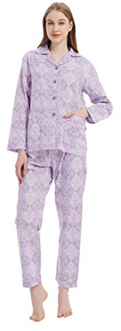 GLOBAL Set Pigiama da Donna 100% Cotone Floreale Manica Lunga Abbottonatura Pigiameria Femminile con Coulisse Set da Notte Morbido e Traspirante Pigiama da Donna S-XXL
