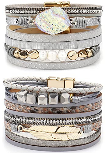 Suyi Multilayer Leather Bracelet Set 2 Pieces Beads Wrap Bracelet Wrist Cuff Bangles with Magnetic Buckle for Women Leaf Silver Set6