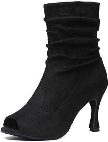 MINITOO Stivali da Ballo Donna Peep Toe Latin Sala Scarpe da Ballo Sera Partito Prom Sandali alla Caviglia L498 Nero 9cm Tacco EU 39