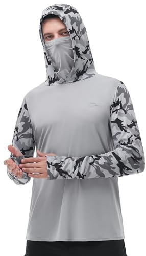 FISHEAL Mens SPF UV Protection Hoody Shirts - Quick Dry Long Sleeve Sun Shield Sweatshirts with Mask for Outdoor Fishing Hunting Hiking