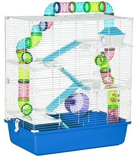 PawHut Hamster Cage w/Water Bottle, Exercise Wheel, Tubes, Ramps - Blue