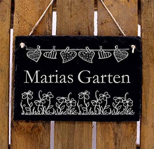 Garten Schild mit Wunschnamen Türschild Schiefer Schild Gravur Gartendeko für draußen personalisiert 22 x 16 cm