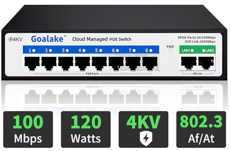 Goalake Switch Poe a 8 Porte, Switch Ethernet Gestito Tramite Cloud, Switch PoE+ a 10 Porte da 120W, 802.3af/at, APP Easy Smart Managed, Rilevamento Cloud, Vlan, Riavvio Cloud, Cloud Ultra-remoto 250m