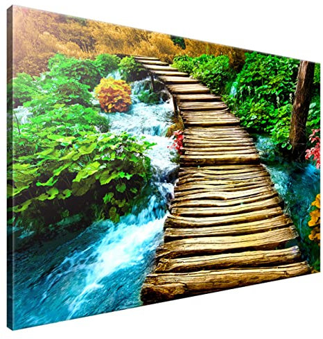 Estika Leinwand bilder - Brücke, Fluss, Wald, Baum - 120x80 cm, 1 teilige kunstdruck - Wandbilder wohnzimmer, schlafzimmer, Moderne wanddeko, Bild auf leinwand - Natur bilder - 2557A_1B