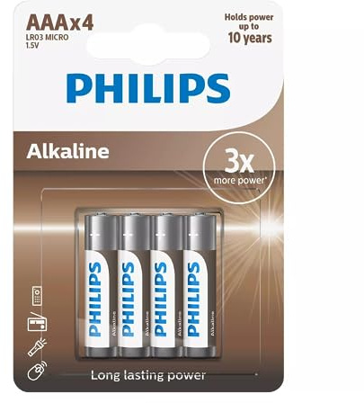 Philips Batterie - AAA-Alkalibatterien - Geräte mit hohem Stromverbrauch, Leistung 10 Jahre, Alkali-Technologie, 1,5 V, chemische Zusammensetzung, Schwermetalle