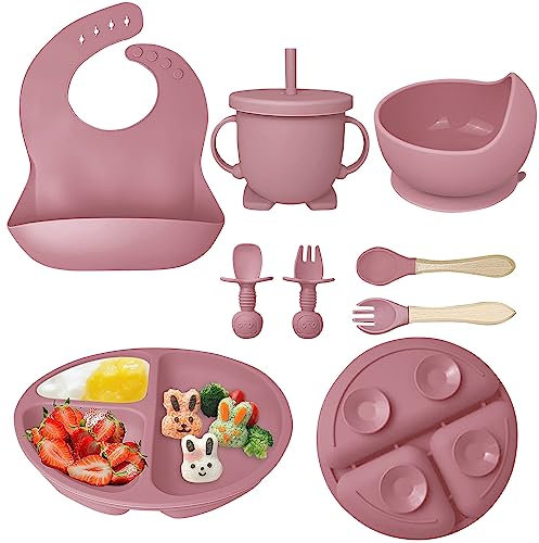 Hoidokly Vajilla Bebe de Silicona, 8 Piezas Plato con Ventosa Cuenco de Succión Babero Ajustable y Cuchara Juego de Vajilla Alimentación Infantil, sin BPA - Rosa oscuro