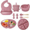 Hoidokly Vajilla Bebe de Silicona, 8 Piezas Plato con Ventosa Cuenco de Succión Babero Ajustable y Cuchara Juego de Vajilla Alimentación Infantil, sin BPA - Rosa oscuro