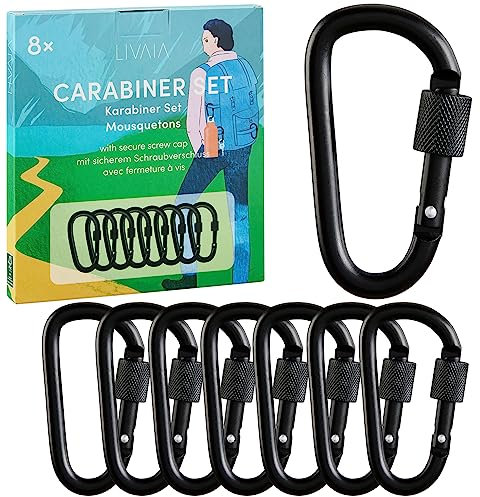 Livaia - Set Di 8 Moschettoni Multifunzionali Robusti, Colore Argento, Con Chiusura A Vite Sicura, Ideale Per Arrampicata, Trekking E Varie Attività All'Aperto E Sportive.