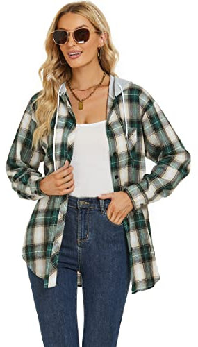 Womens Long Sleeve Tops Hooded Flannel Shirts Checked Button Down Oversized Hoodies Green Khaki