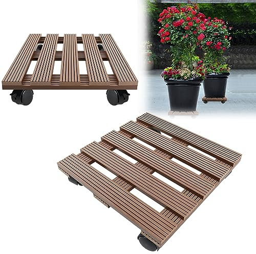 VA-Cerulean 2er WPC Pflanzenroller, Blumenroller mit Feststellbare Räder, Rollbrett 100KG Tragkraft, Kübelroller für Außenbereich und Innenbereich,30x30x7.5cm(Quadratisch,Braun)